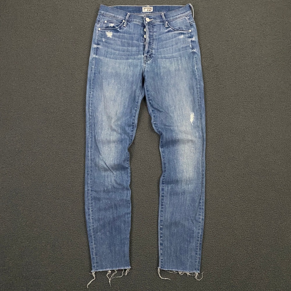 Mother Stunner Ankle Fray Jeans Women 27 Blue Distressed Skinny Raw Hem Denim